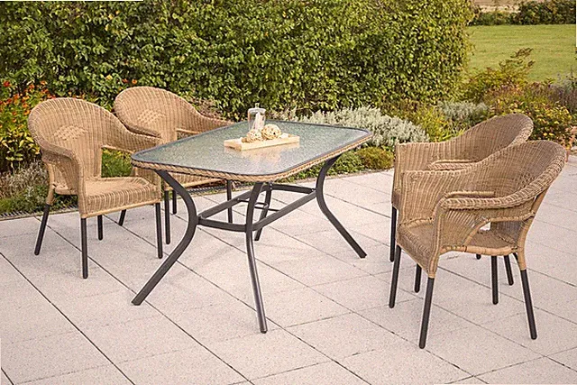 Gartenmöbel Set Sitzgruppe Korbsessel 4 Korbstühle 1 Gartentisch Glas Korbstuhl