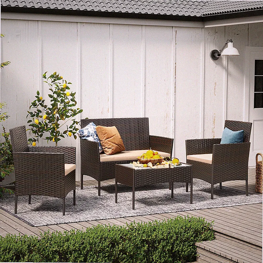 Gartenmöbel Sitzgarnitur Polyrattan 4erSet Essgruppe Lounge Sitzgruppe GGF004K05