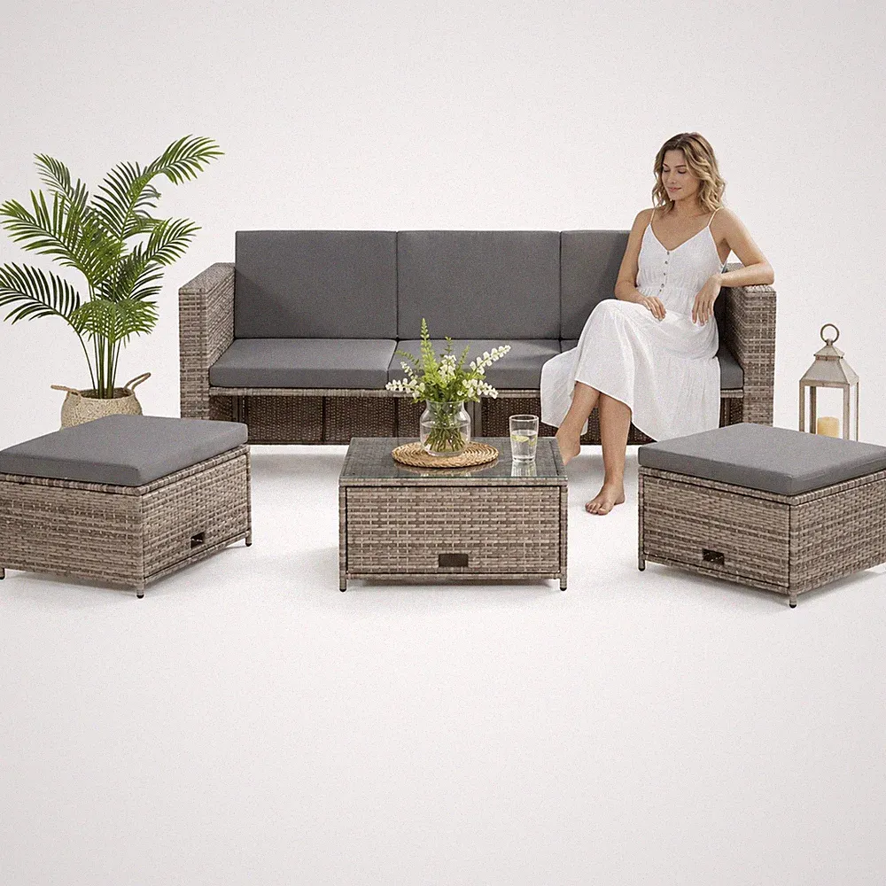 Gartenmöbel Sitzmöbel Lounge Set Polyrattan Sofa Tisch 2 Hocker Rattanmöbel