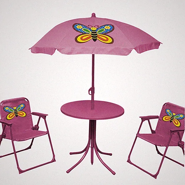 Gartenmöbelset Tisch Mit Sonnenschirm Für Kinder + 2 Schmetterlingsstühle