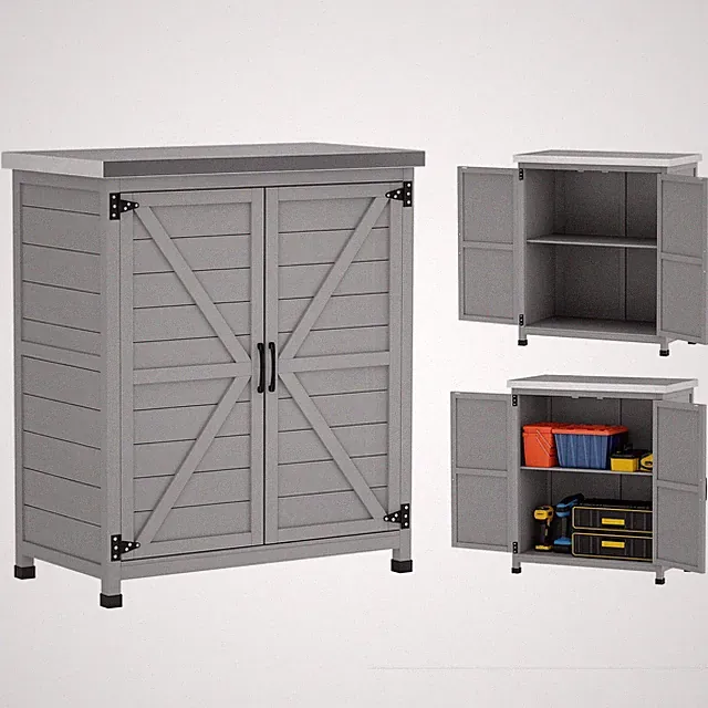 Gartenschrank Holz Outdoor wetterfest Geräteschuppen mit Arbeitsplatte Grau