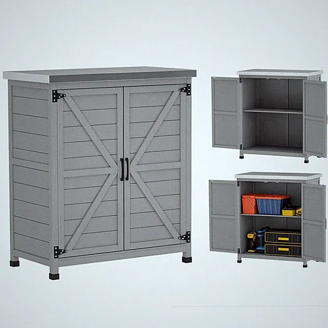 Gartenschrank Holz Outdoor wetterfest Geräteschuppen mit Arbeitsplatte Grau