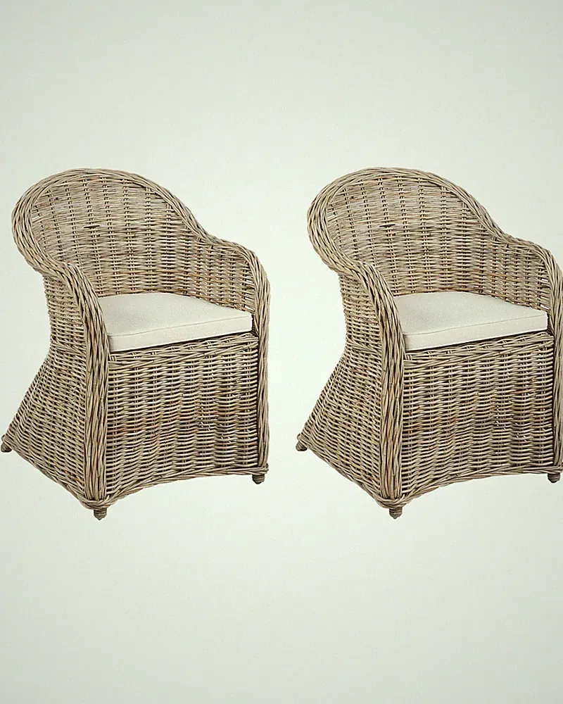 Gartensessel mit hoher Lehne Rattan natürlich 2er Set Auflagen beige Susua II