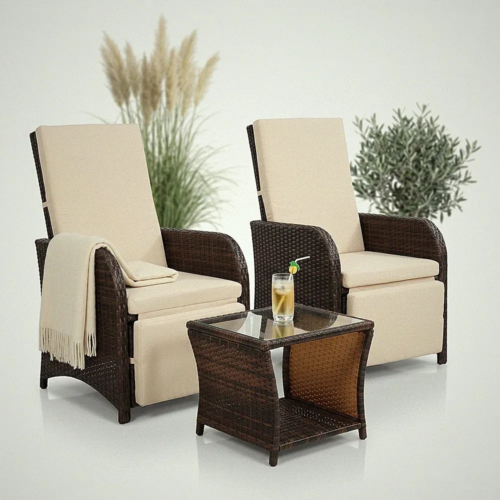 Gartenset 2 Sessel und Tisch Polyrattan Sitzgarnitur Gartenmöbel Lounge Braun