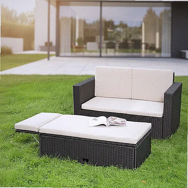 Gartensofa mit Fußbank Polyrattan Schwarz Wintergarten Sitzgruppe Garnitur 🌴