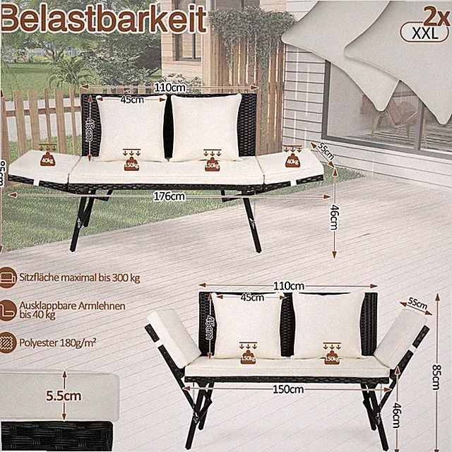 Gartensofa Sitzmöbel Polyrattan Gartenbank 2-in-1 Gartenlounge Balkonmöbel