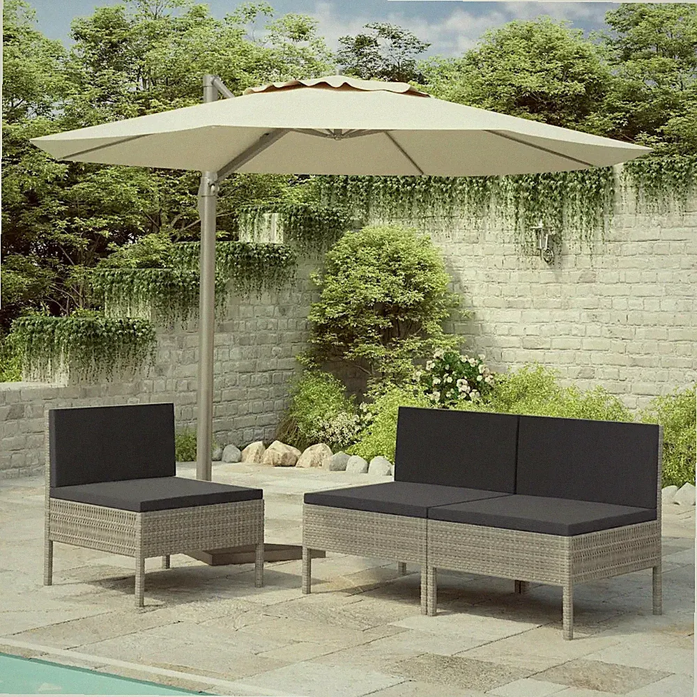 Gartenstühle 3er Set Poly Rattan Grau mit Auflagen für Terrasse Balkon