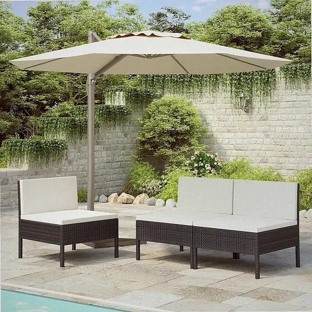 Gartenstühle 3er Set Poly Rattan Schwarz mit Auflagen Terrasse Balkon