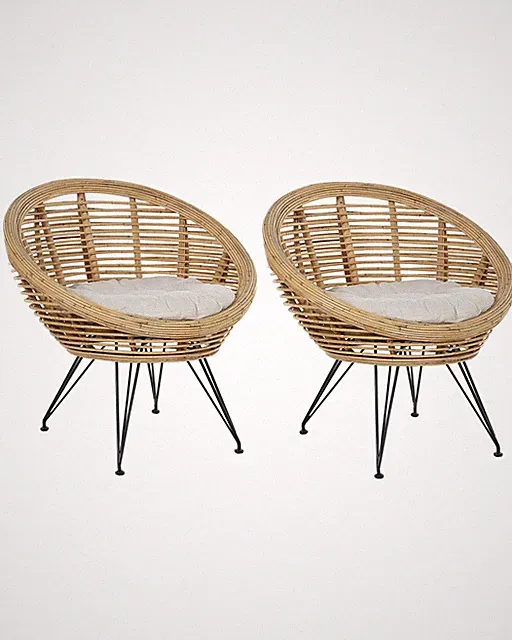 Gartenstuhl 2er Set Rattan natürlich Auflagen beige Metallbeine schwarz Maratea