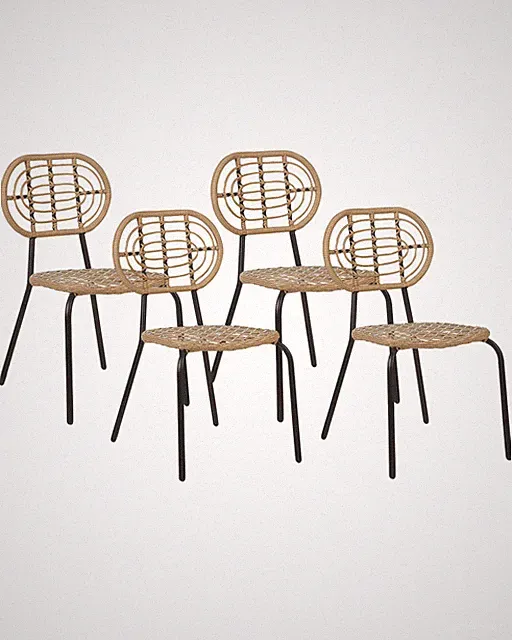 Gartenstuhl 4er Set Rattan natürlich beige mit Metallbeinen schwarz Pratello