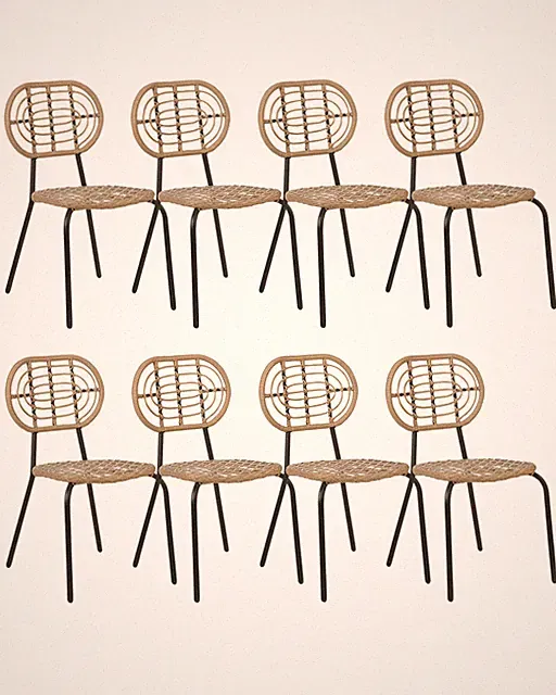 Gartenstuhl 8er Set Rattan natürlich beige mit Metallbeinen schwarz Pratello