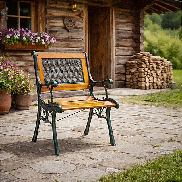 Gartenstuhl Gartensessel Outdoorstuhl Gusseisen Holz Natur bis120Kg Wetterfest