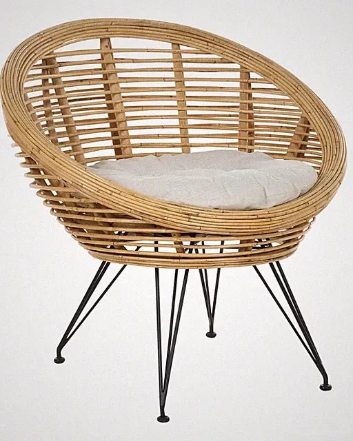 Gartenstuhl Rattan natürlich Auflage beige Metallbeine schwarz Boho Maratea