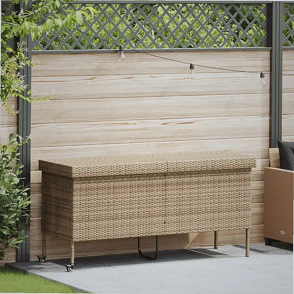 Gartentruhe mit Rollen und Sitzbank Poly Rattan Beige 160x55x75 cm