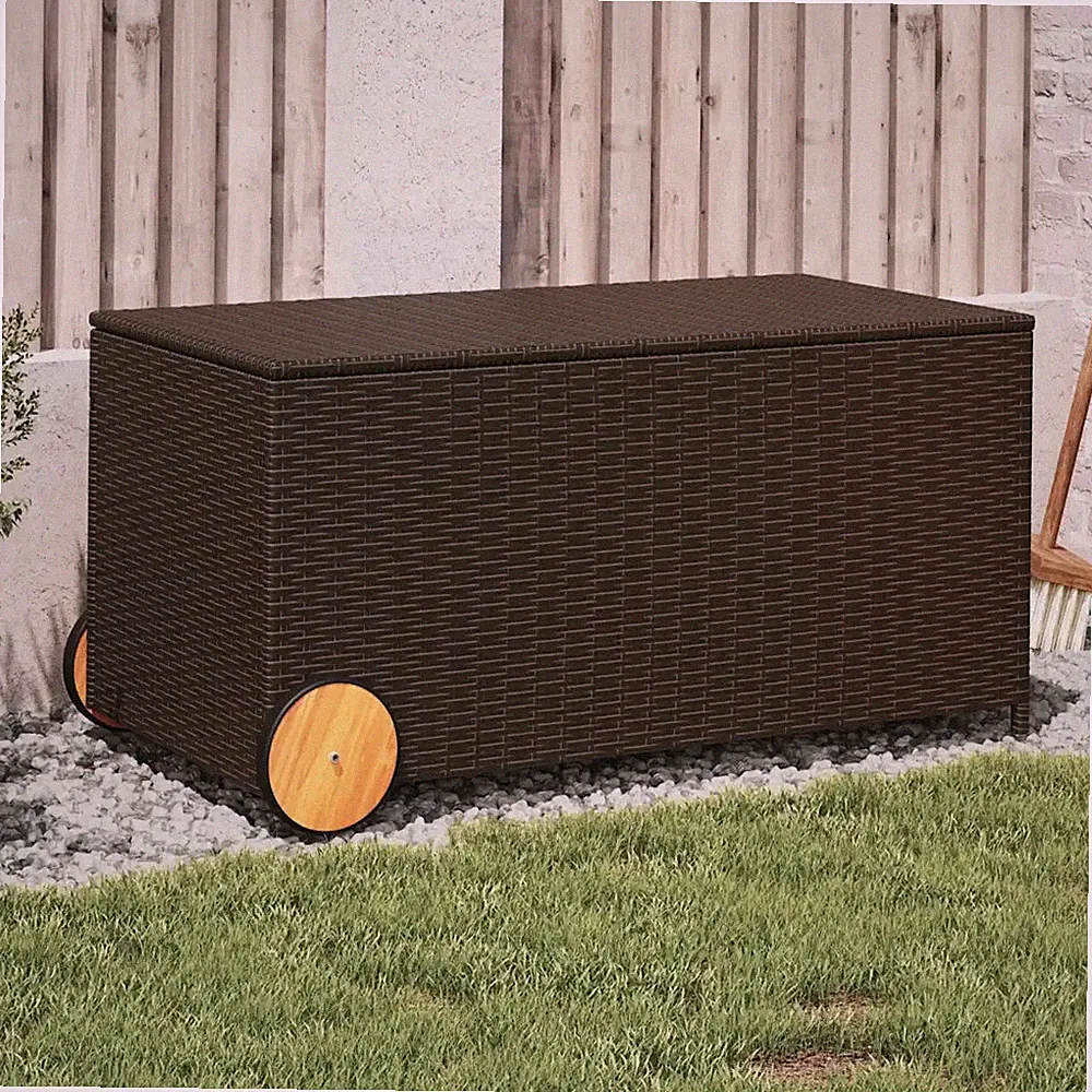 Gartentruhe Sitzbank mit Rollen 190 Liter Poly Rattan Braun Outdoor