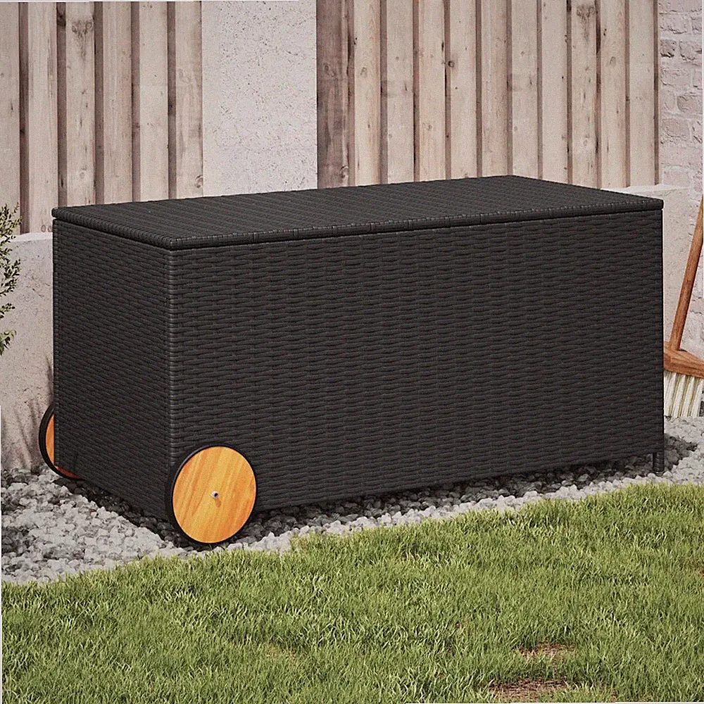 Gartentruhe Sitzbank mit Rollen 190 Liter Poly Rattan Schwarz