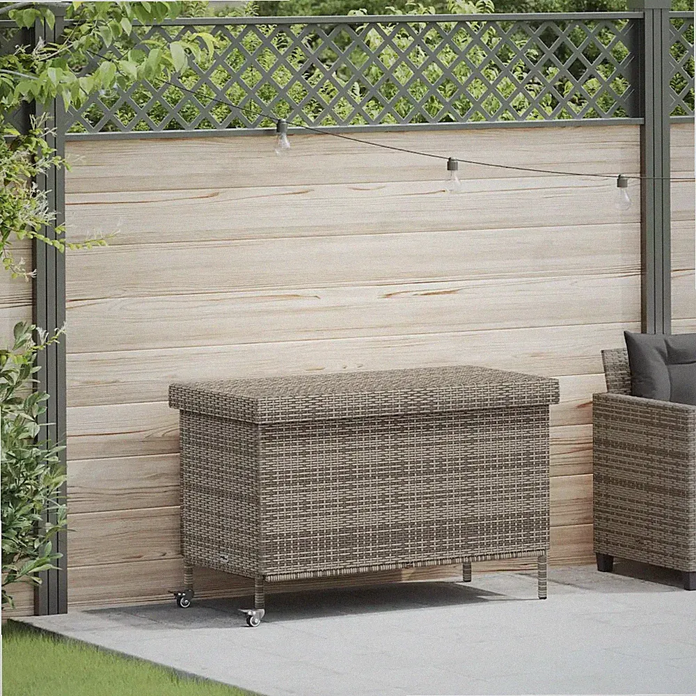 Gartentruhe Sitzbank mit Rollen Poly Rattan Grau 110x55x73 cm