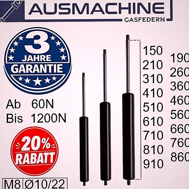 Gasdruckfeder M8 Gewinde | 150mm - 910mm Gasfeder | 60N - 1200N Gasdruckdämpfer