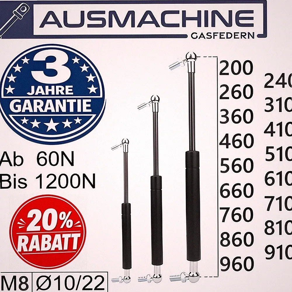 Gasdruckfeder mit Kugelgelenk M8 Gasfeder 200-960mm Gasdruckdämpfer 60N - 1200N