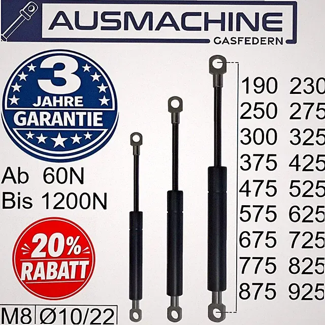 Gasdruckfeder mit Ösen Gasdruckdämpfer 275mm - 925mm | 100N - 1000N Universal