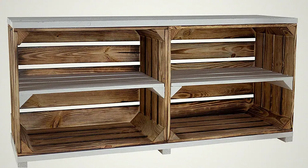 Geflammter Holzschrank, innen weiß auf Rollen, 4 Fächer TV Möbel 100x30x50cm DIY