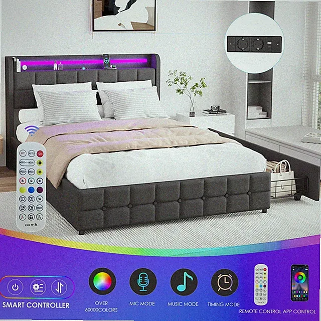 Gepolstertes Einzelbett Mit Stauraum, Schubladen Und Lademöglichkeiten.