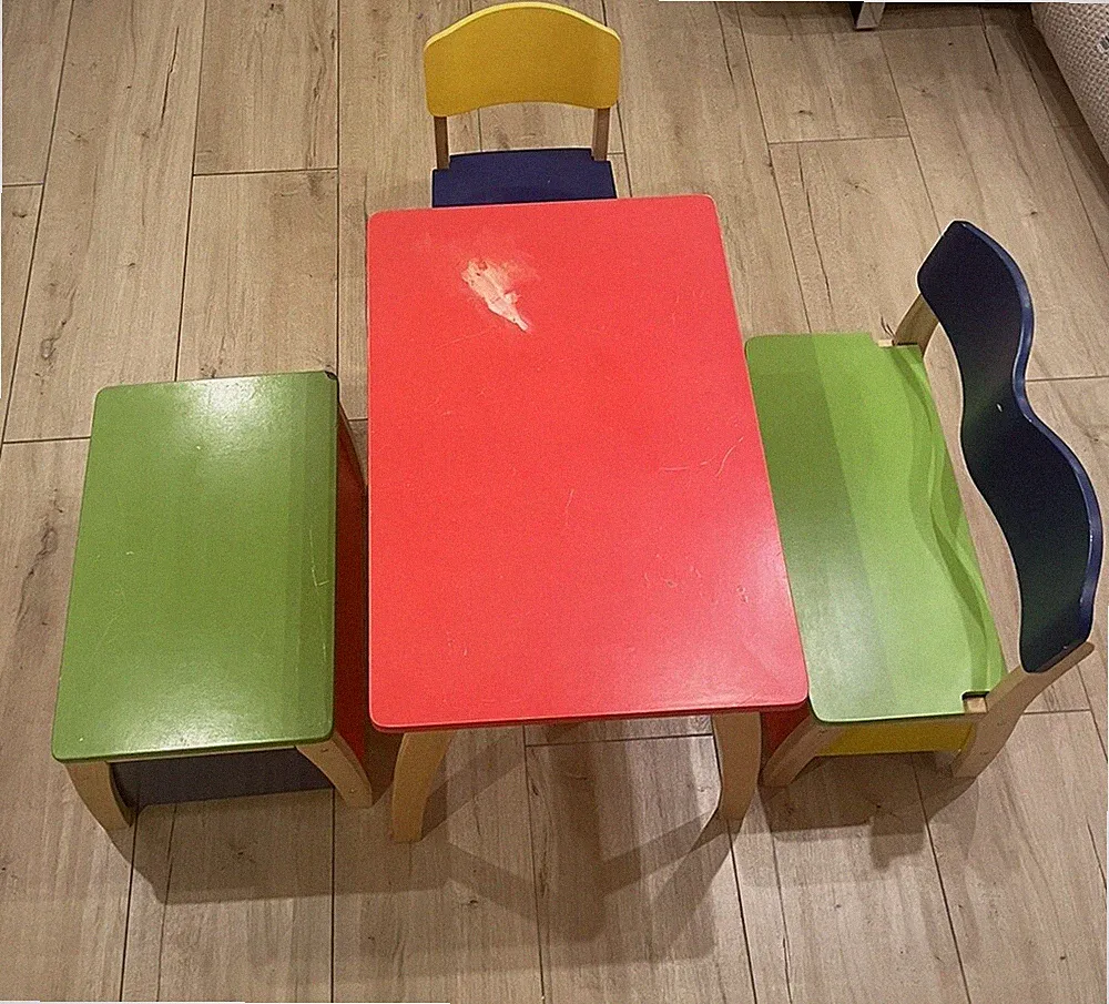GEUTHER Kindersitzgruppe Holz, bunt mit Sitztruhe, Sitzbank, Stuhl und Tisch