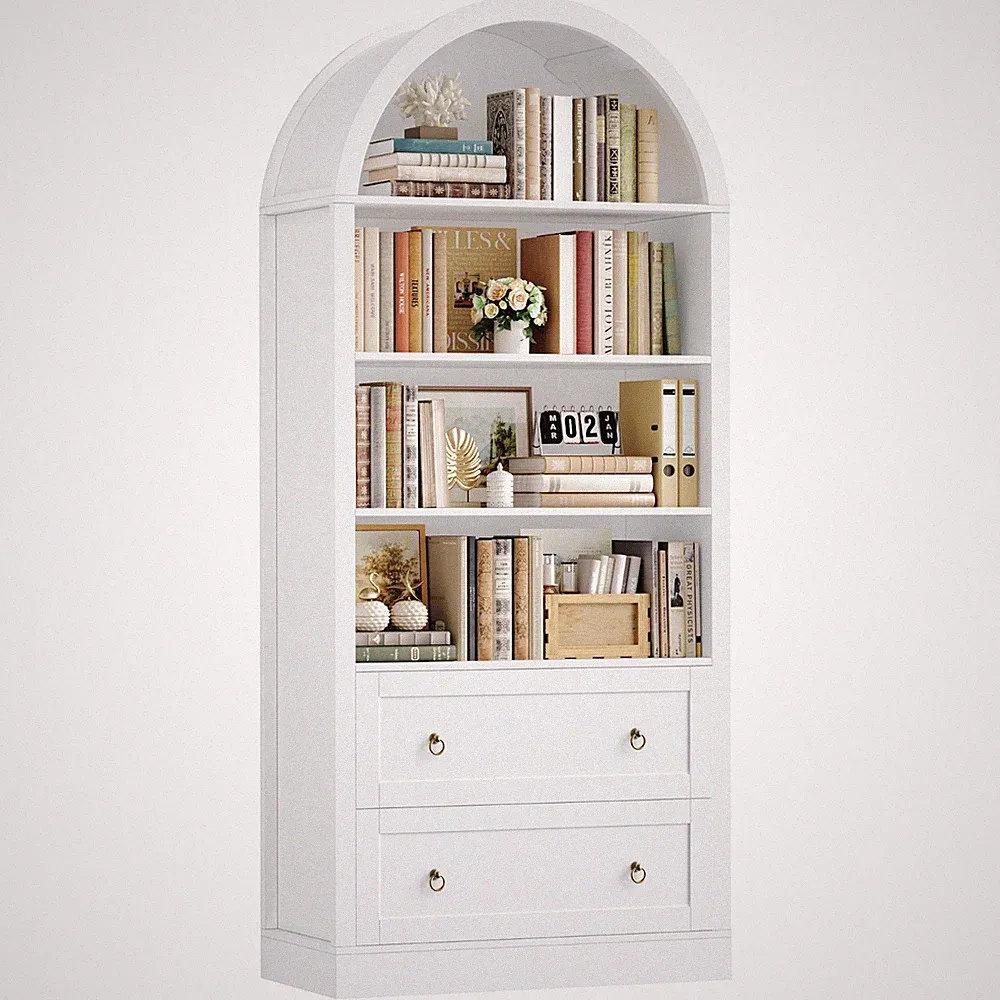Gewölbter Bücherregal mit 2 Schubladen Vitrinenschrank Hochschrank 177x79,5x36cm