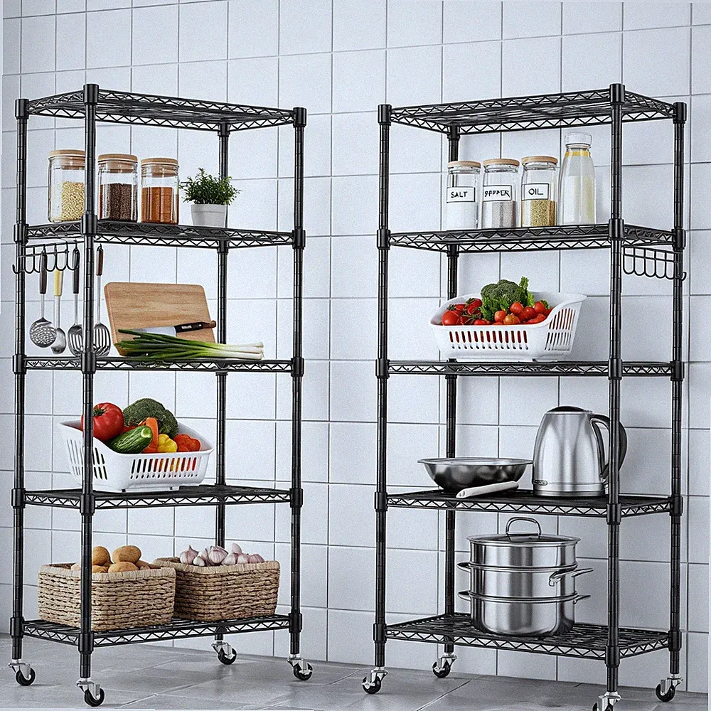 Gitterregal 5 Böden Silber/Schwarz Metallregal Regal mit Rollen Küchenregal Stah