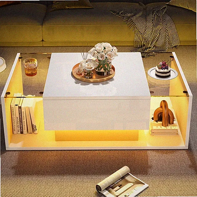 Glas Couchtisch mit LED Beleuchtung Schubladen Hochglanz 100*50*31cm Sofatisch
