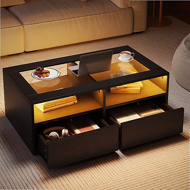 Glas Couchtisch Sofatisch mit 2 Schubladen LED-Beleuchtung Offener Stauraum 100