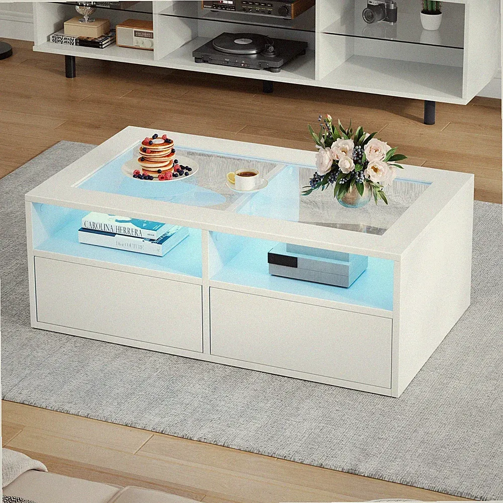 Glas Couchtisch Sofatisch mit 2 Schubladen LED-Beleuchtung Offener Stauraum 100
