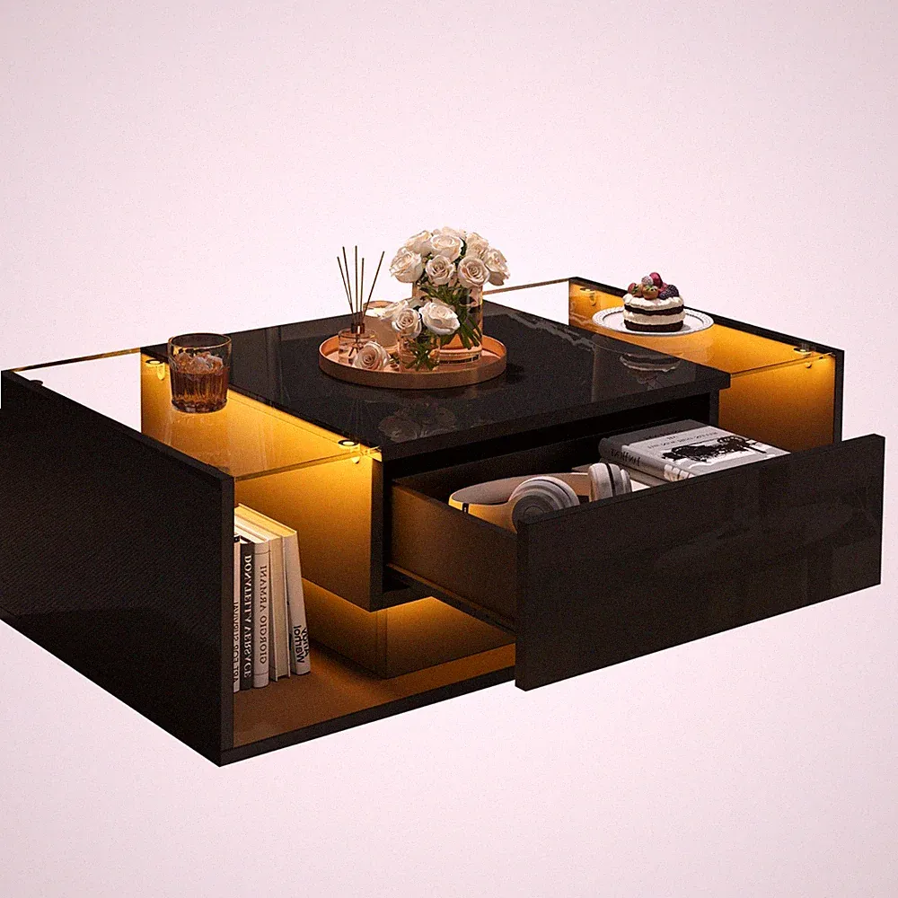 Glas Couchtisch Sofatisch Wohnzimmer Beistelltisch mit Schubladen LED Beleuchtet