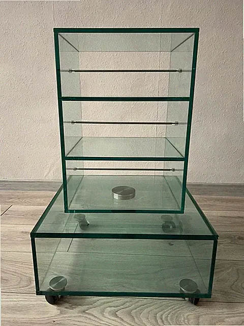 Glas Regal / Rollwagen aus ESG-Glas – 3 Ebenen, mit Rollen, ca. 75 cm hoch