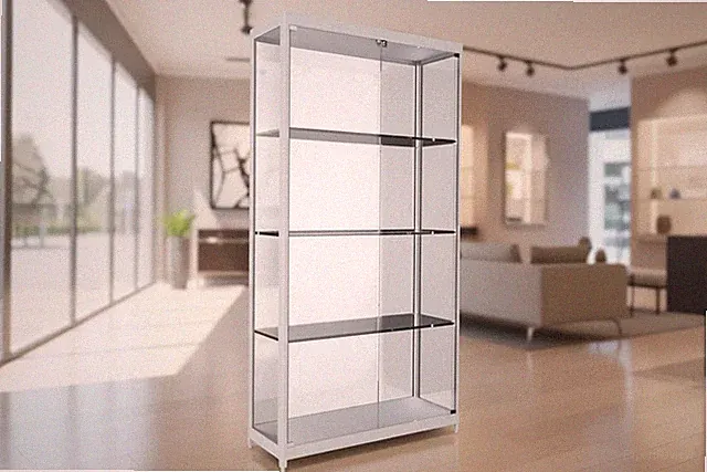 Glas Standvitrine Alu silber mit LED-Beleuchtung