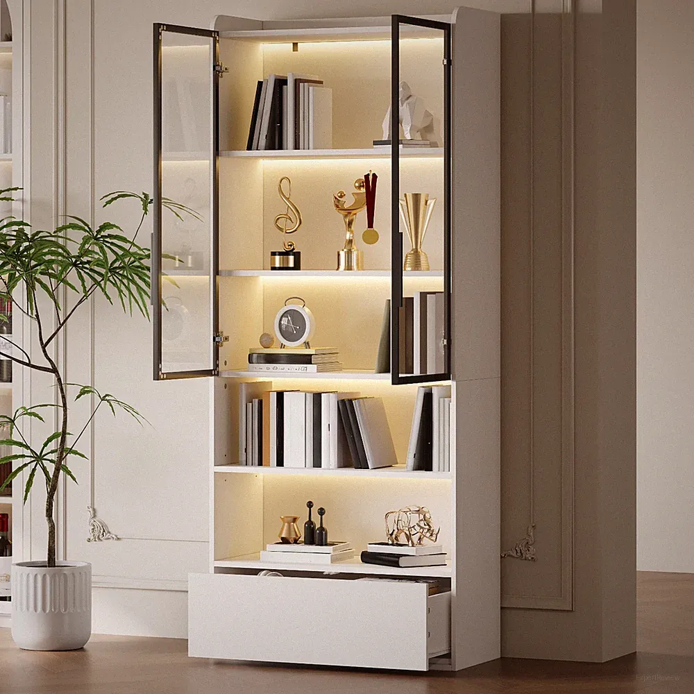Glas Vitrine Schrank Standvitrine Hochschrank mit LED-Beleuchtung Offene Fächer