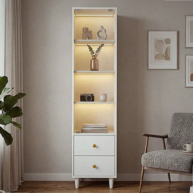 Glas Vitrine Standvitrine Bücherschrank Hochschrank mit LED Beleucht 2 Schublade