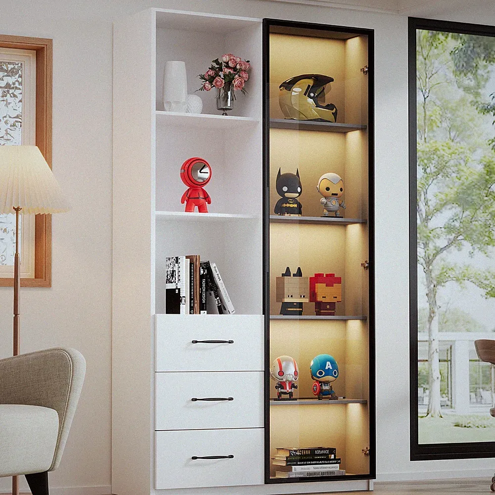 Glas Vitrine Standvitrine Bücherschrank Hochschrank mit LED Beleuchtung 3 Schubl