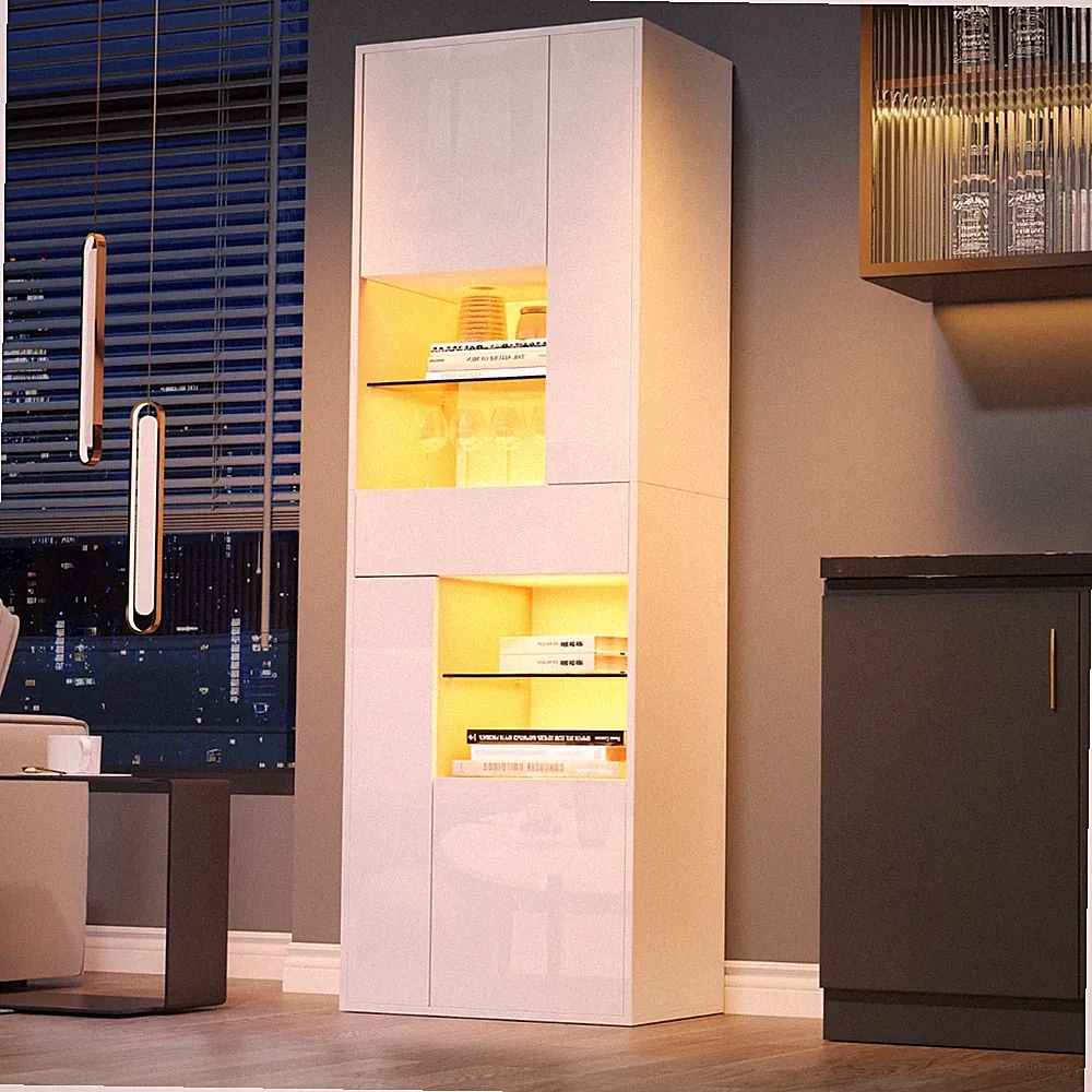 Glas Vitrine Standvitrine mit LED-Beleuchtung Hochschrank Hochglanz 9 Fächer Sch