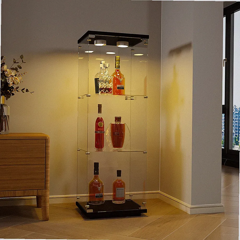 Glasvitrine 3 Etagen mit 1 Türen Glasvitrine-Stehend mit LED Beleuchtung Schloss