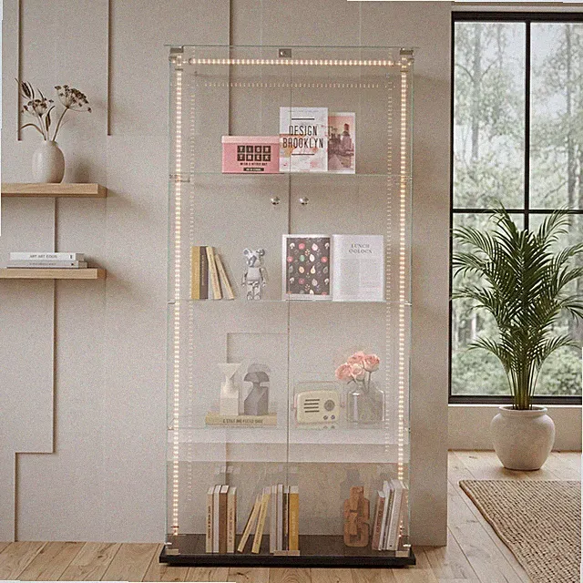 Glasvitrine Glas Vitrinenschrank mit 4 Lagen Sammlervitrine Standvitrine mit LED
