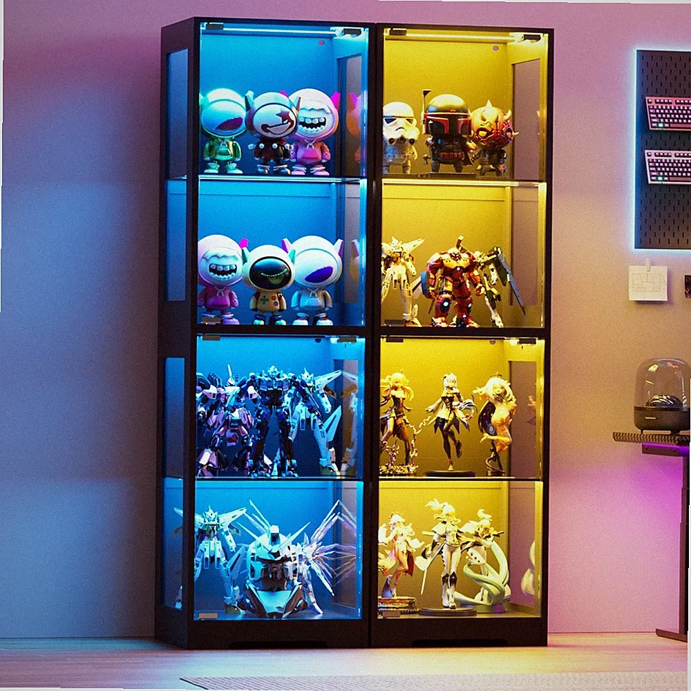 Glasvitrine mit Dreifarbig LED Beleuchtung und Glastüren, Glasvitrine Stehend