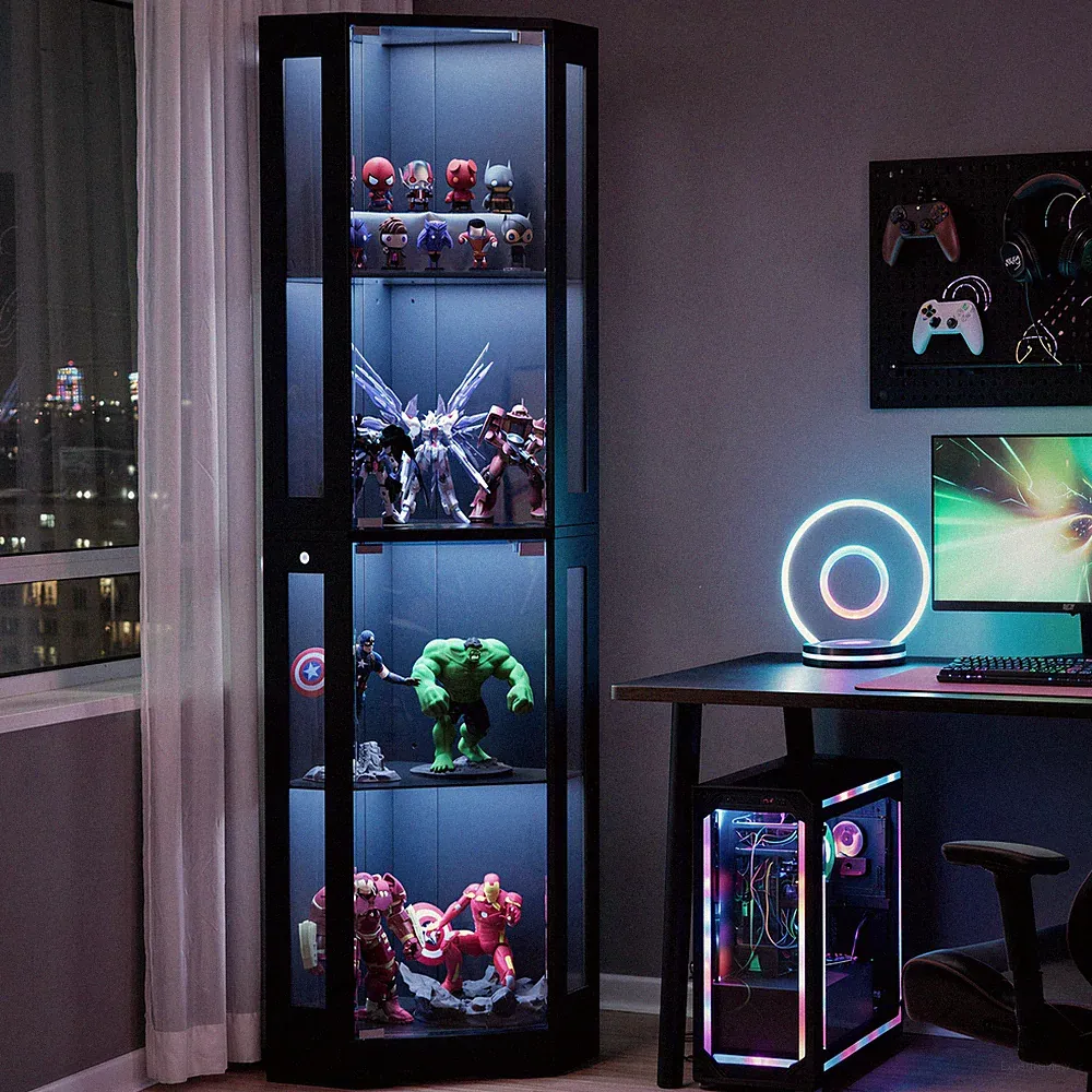 Glasvitrine mit Dreifarbig LED Beleuchtung und Glastüren, Glasvitrine Stehend
