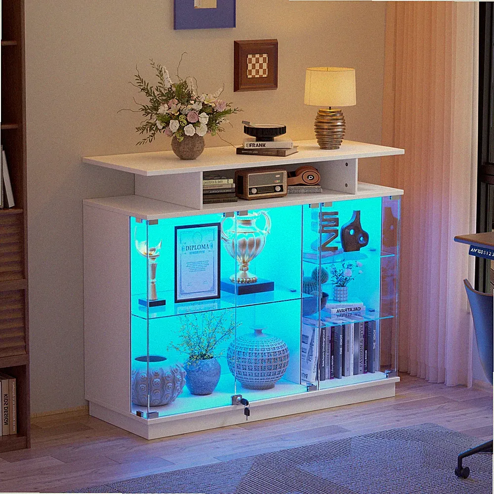 Glasvitrine mit LED Beleuchtung Glas Vitrinenschrank mit Abschließbare Glastüren
