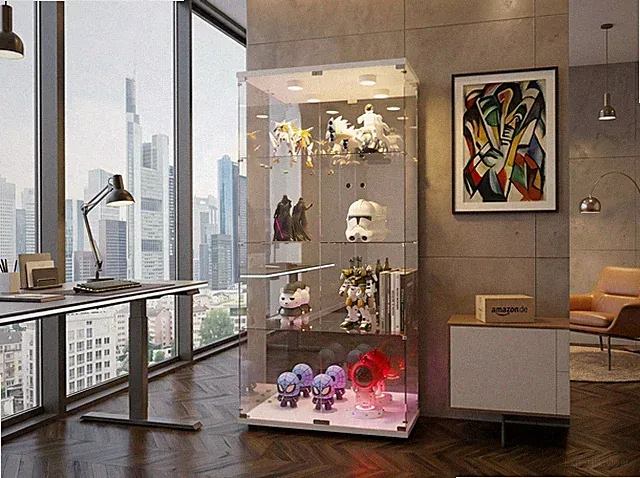 Glasvitrine Sammlervitrine 4 Einlegeböden Glas Vitrine mit 2 Türen LED Schloss