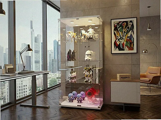 Glasvitrine Sammlervitrine 4 Einlegeböden Glas Vitrine mit 2 Türen LED Schloss.