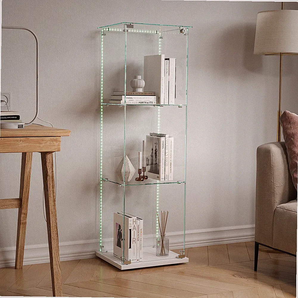 Glasvitrine Standvitrine 123x35x40 cm mit LED Rollen,Vitrine mit Schloss 4-Lagen