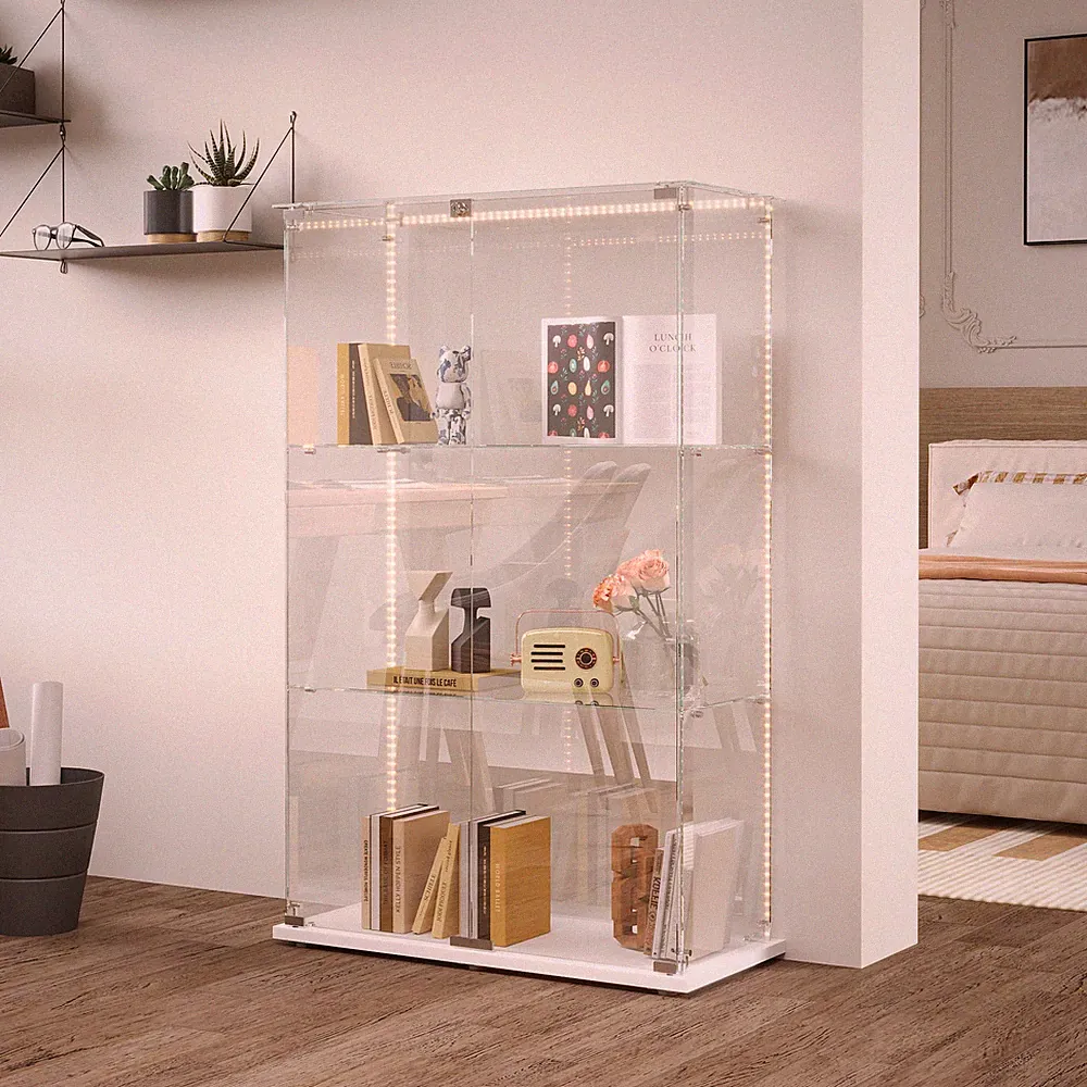 Glasvitrine Standvitrine 123x35x78 cm mit LED,Rollen Modern Glas Vitrine 3-Lagen