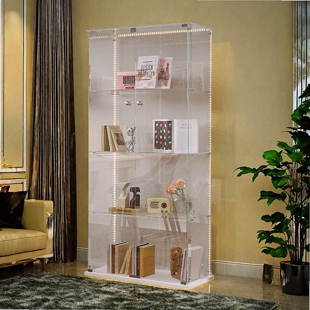 Glasvitrine Standvitrine 163x35x78 cm mit LED,Vitrine mit Rädern Schloss 4 Böden