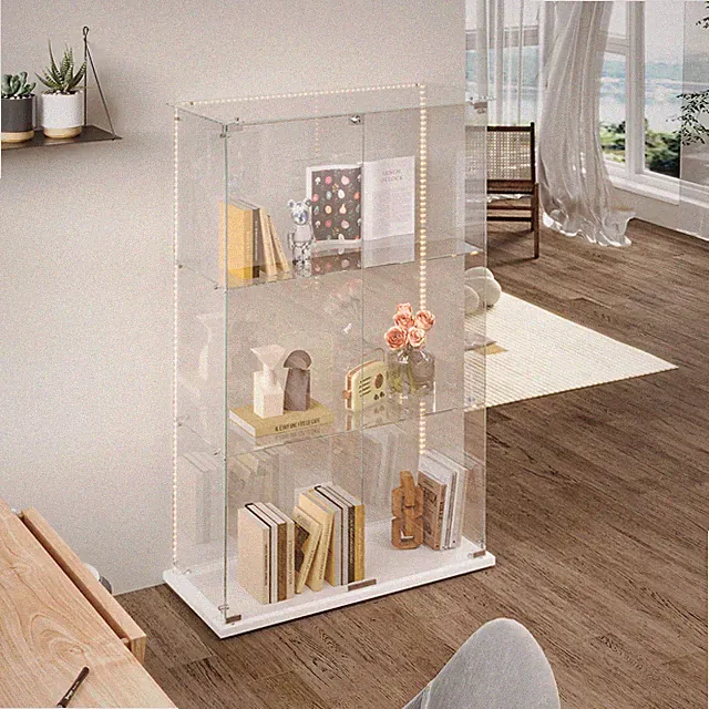 Glasvitrine Standvitrine mit LED,Rollen Modern Glas Vitrine 123x35x78 cm 3-Lagen